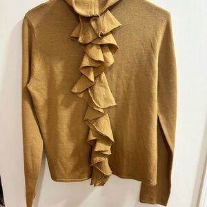 DKNY Brown Ruffled 100% Merino Wool High Neck‎ Sweater Size Large